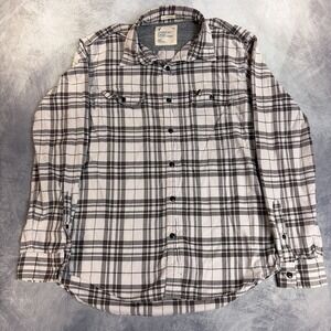 American Eagle Plaid Button Down Mens Size M Cream Brown Athletic Fit Flannel